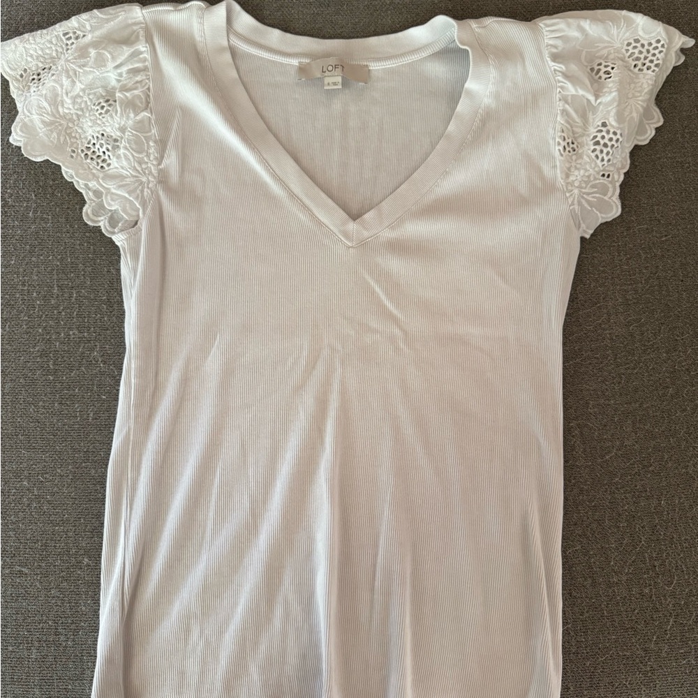 LOFT White V-Neck Tee with Lace Cap Sleeves